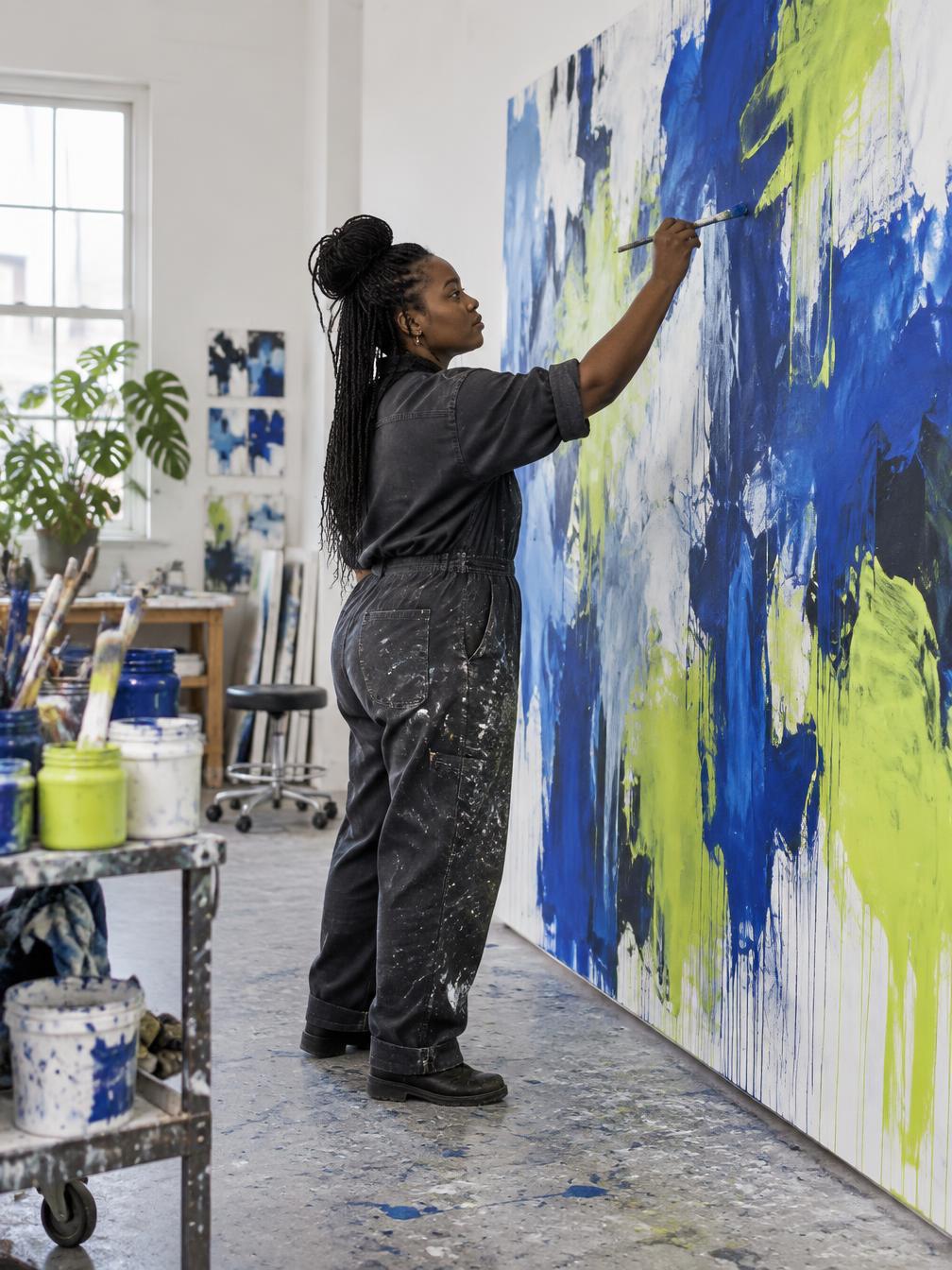 Visual artist painting a vivid blue and lime abstract canvas