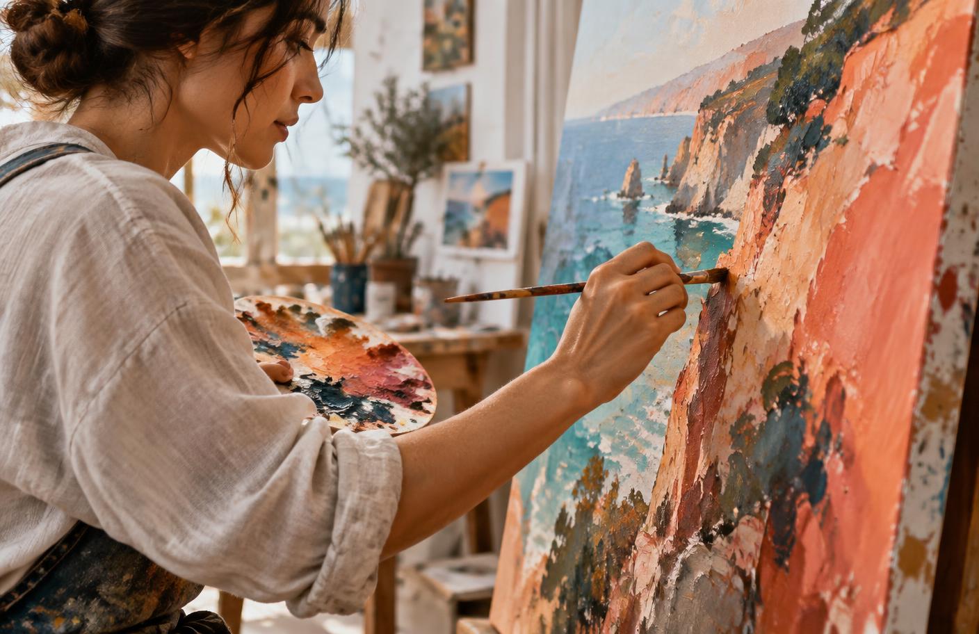 Artist carefully painting details onto a vivid canvas