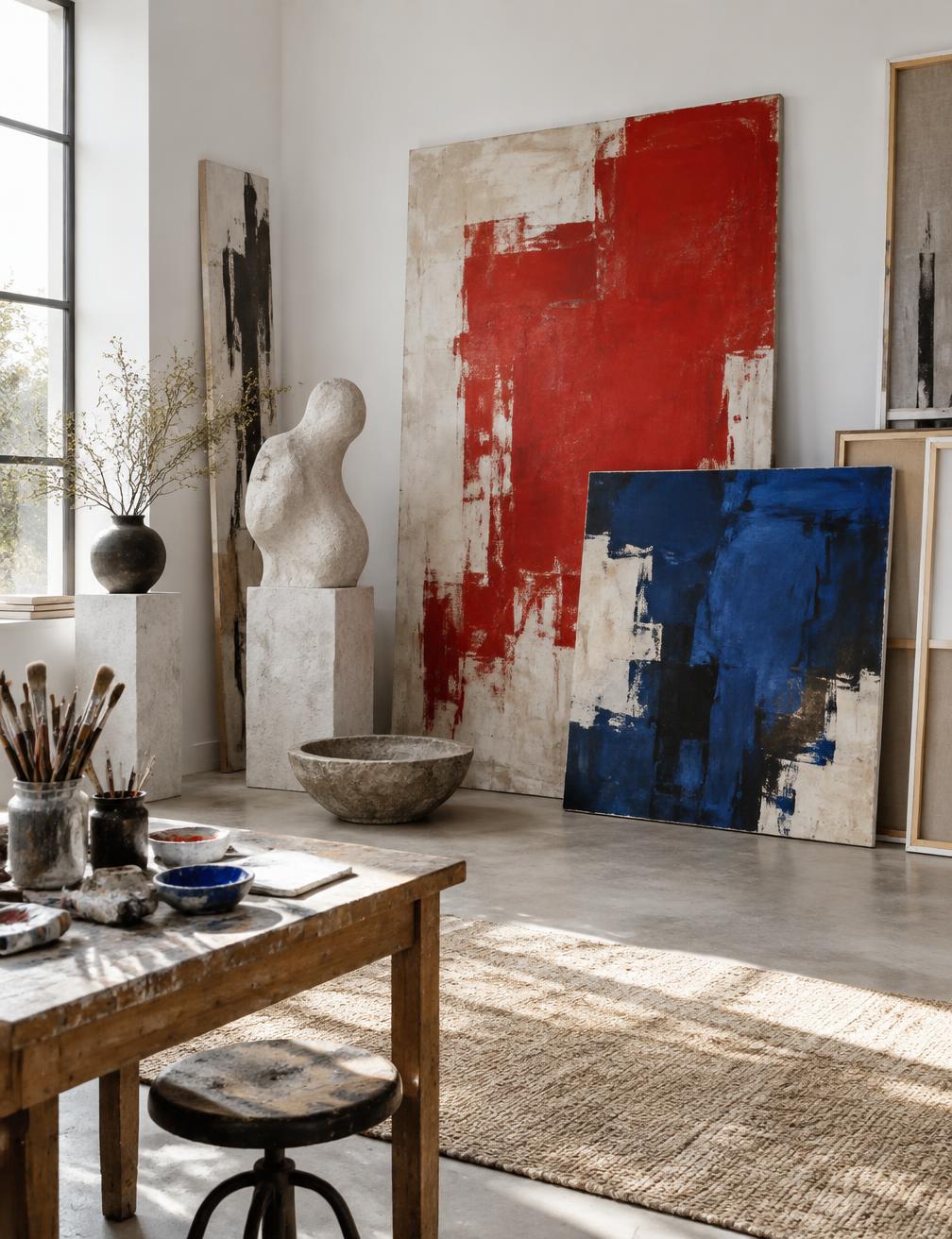 Contemporary art studio with paintings, sculpture and creative tools